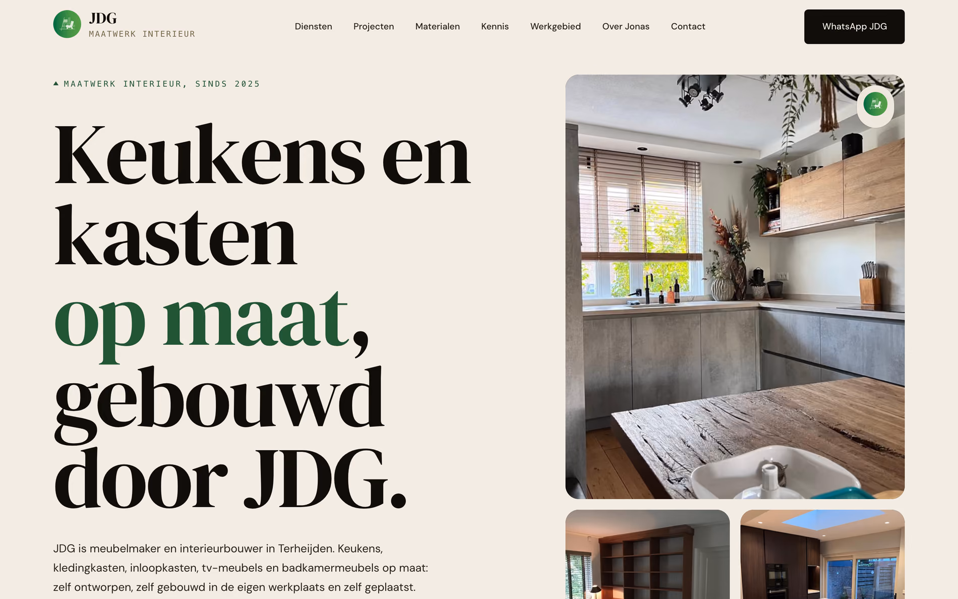 Startscherm van jdg-maatwerkinterieur.nl: links de kop 'Keukens en kasten op maat, gebouwd door JDG', rechts foto's van eigen werk.