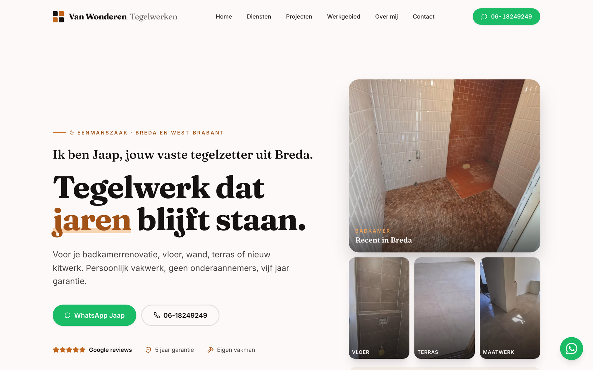 Startscherm van wonderentegelwerken.nl: links de kop 'Tegelwerk dat jaren blijft staan', rechts foto's van uitgevoerd tegelwerk.